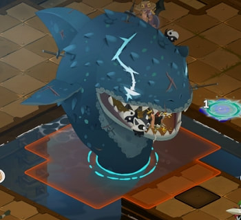 Un personnage dans la gueule du Gigalodon et le glyphe noir